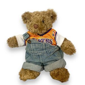 Build A Bear Curly Teddy Bear Brown Paws Vintage Retired Lakers Tank Overall 14"